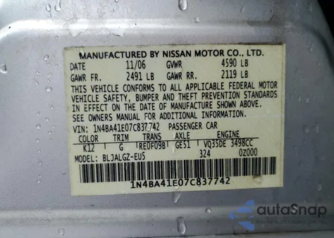 2007 Nissan Maxima Se from USA, damaged, VIN 1N4BA41E07C837742